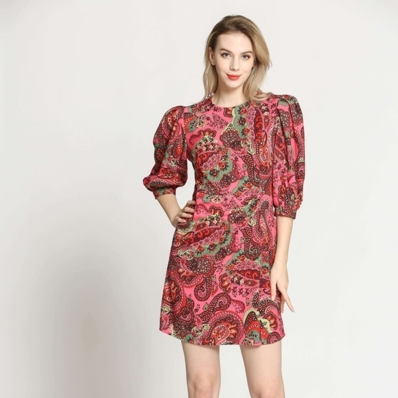Anthropologie The Korner Paisley Colourful Puff Sleeved Mini Dress - Size Small - Picture 3 of 16